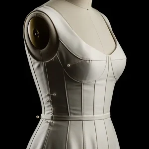 Corpiño de un vestido con corte princesa sobre un maniquí, mostrando las costuras verticales que entallan la figura. Técnica de patronaje para un ajuste perfecto.