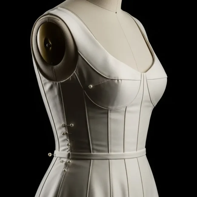 Corpiño de un vestido con corte princesa sobre un maniquí, mostrando las costuras verticales que entallan la figura. Técnica de patronaje para un ajuste perfecto.