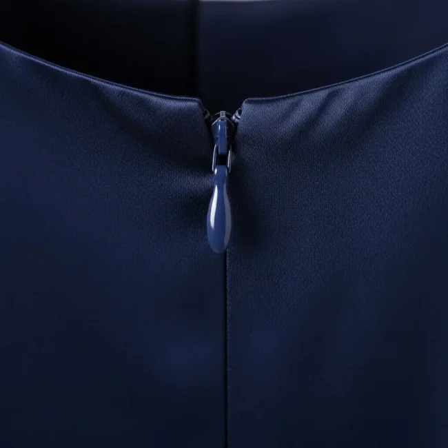 Cremallera invisible cerrada en la espalda de un vestido de satén azul, mostrando un acabado limpio donde solo se ve el tirador.