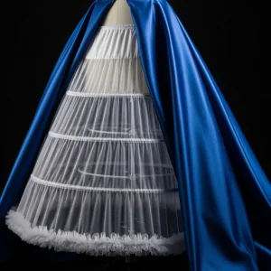 Enagua de crinolina con aros debajo de una falda de satén azul, mostrando cómo la estructura da volumen y forma al vestido.