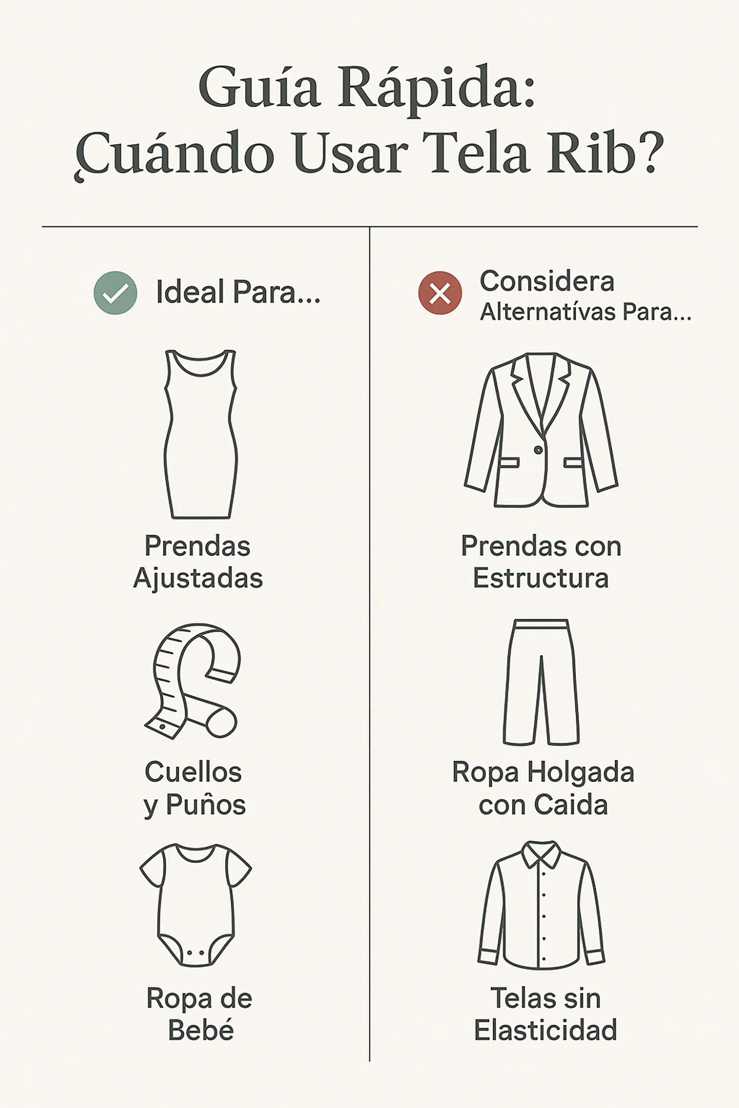 Infografía que muestra para qué prendas es ideal la tela rib (canalé) y cuándo es mejor usar alternativas como el punto roma o la gabardina.