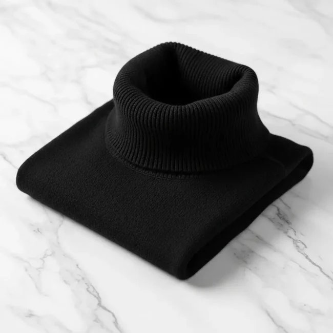 Suéter de cuello de tortuga negro de lana merina fina, doblado, mostrando su cuello alto y ajustado. Prenda clásica para el frío.