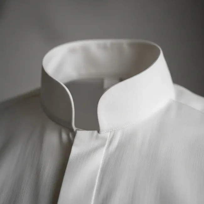 Detalle de un cuello Mao en una camisa de lino blanco, mostrando su diseño corto, levantado y sin solapas. Cuello de estilo minimalista.