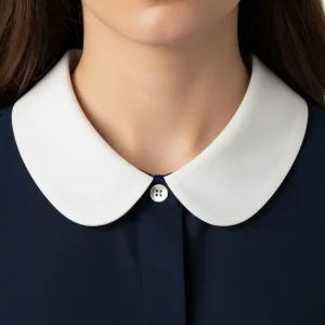 Detalle de un cuello Peter Pan blanco de algodón sobre una blusa azul marino. Cuello plano y redondeado para un look clásico y femenino.
