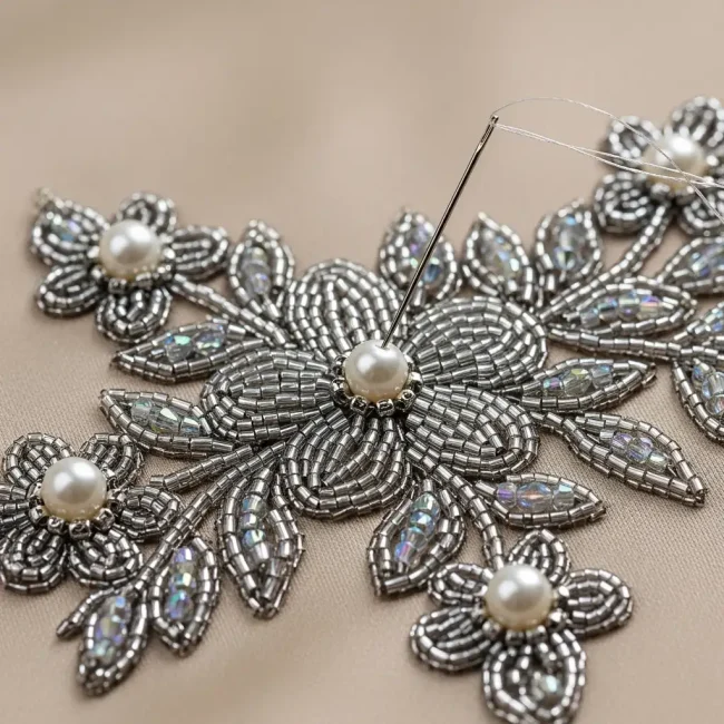 Bordado con cuentas, perlas y canutillos sobre satén de seda, mostrando un diseño floral. Adorno de lujo para alta costura.