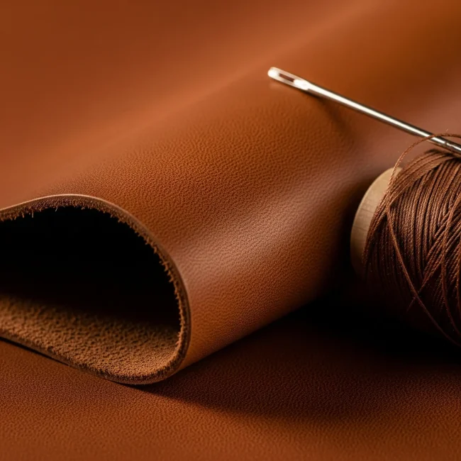 Macro de cuero de plena flor marrón coñac, mostrando su grano natural y textura. Material duradero para chaquetas, calzado y accesorios.