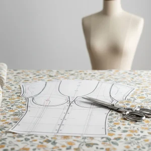Patrón de papel del cuerpo de una blusa sobre una tela floral, con tijeras de sastre al lado. Pieza central de una prenda que cubre el torso.