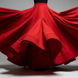 Falda roja en movimiento con cuñas (godets) insertadas, mostrando el vuelo y el volumen que añaden a la prenda. Técnica de patronaje.