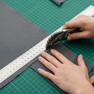 Cutter de tela de precisión cortando una tela gris a lo largo de una regla metálica sobre una base de corte. Herramienta para cortes rectos en costura.