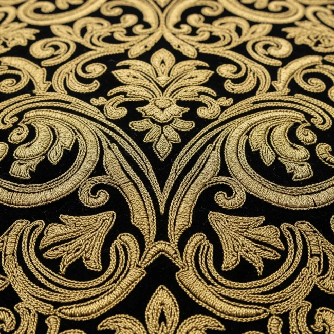 Bordado de damasquinado con hilo de oro sobre terciopelo negro, mostrando un patrón de arabescos en relieve. Técnica de ornamentación de lujo.
