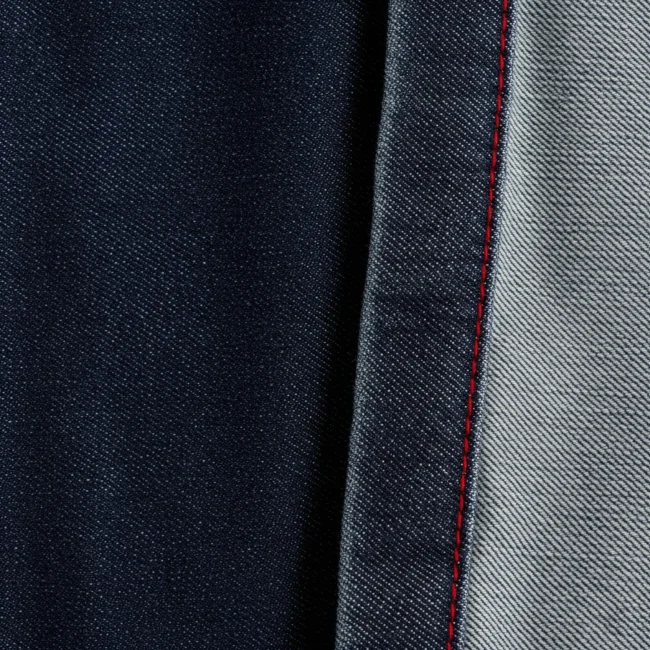 Macro de tejido denim selvedge crudo, mostrando su textura de sarga diagonal, color índigo y orillo con línea roja. Tela de algodón resistente para jeans.
