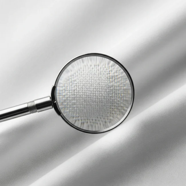 Cuentahílos magnificando la alta densidad de hilos de una sábana de algodón egipcio. Medida de calidad y suavidad en textiles.