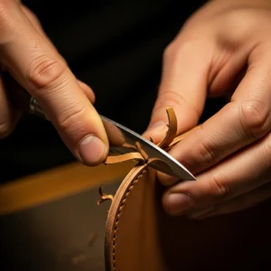 Artesano realizando el desbastado de una pieza de cuero con una cuchilla especial. Proceso de rebajar y suavizar la piel para confección.