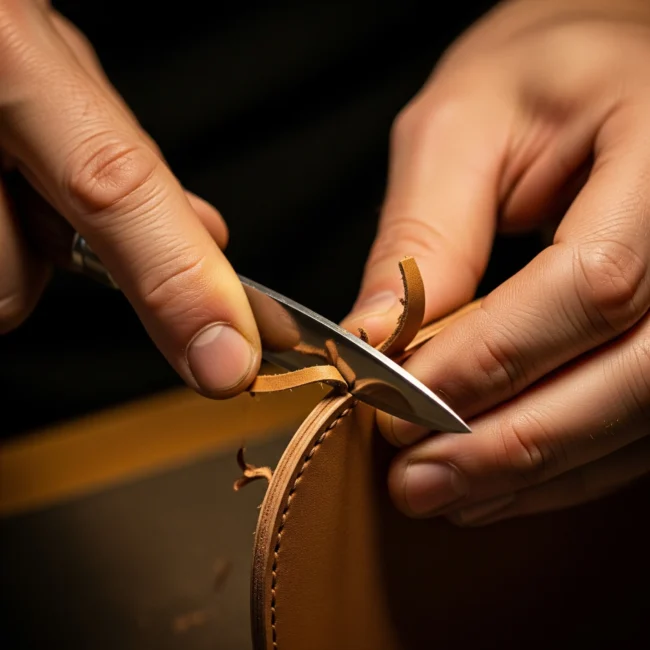 Artesano realizando el desbastado de una pieza de cuero con una cuchilla especial. Proceso de rebajar y suavizar la piel para confección.