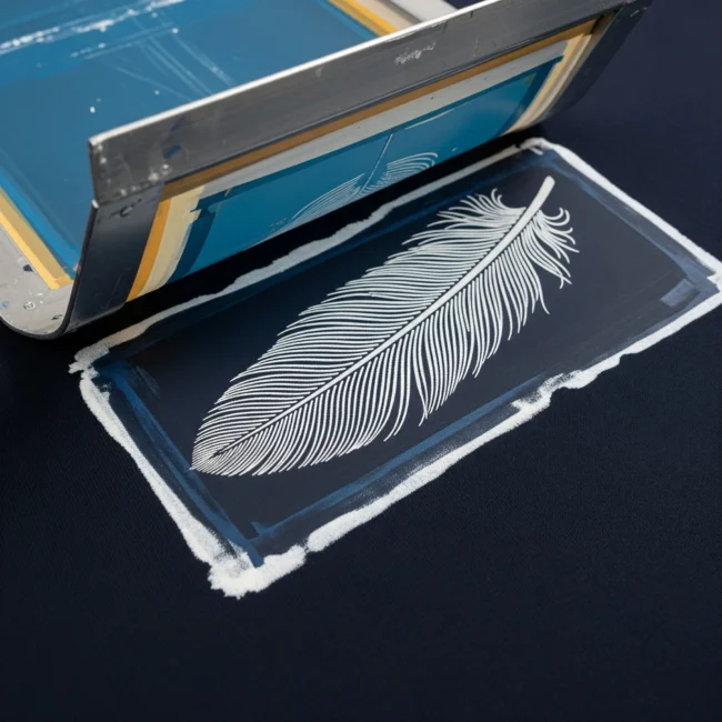 Estampación por descarga de color sobre tela de algodón azul, mostrando un patrón de plumas creado al eliminar el tinte. Técnica de impresión textil.