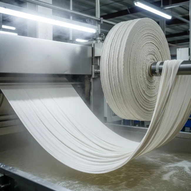 Proceso de desencolado industrial de una tela de algodón crudo, mostrando cómo la tela se suaviza y prepara para el teñido.