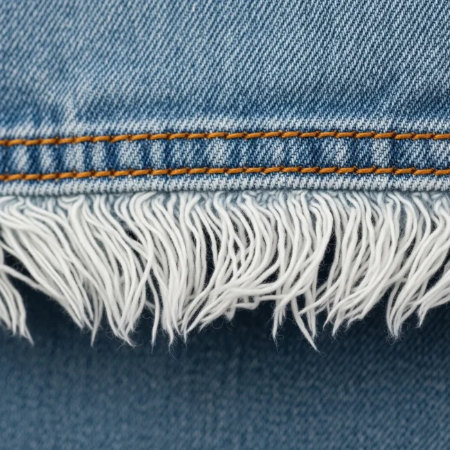 Borde deshilachado del bajo de un pantalón jean de denim, mostrando los hilos blancos sueltos. Acabado decorativo para un look casual.