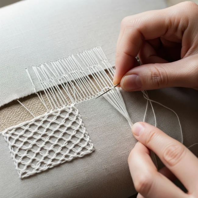 Proceso de deshilado sobre tela de lino, donde se retiran hilos para crear un patrón calado. Técnica de bordado tradicional.