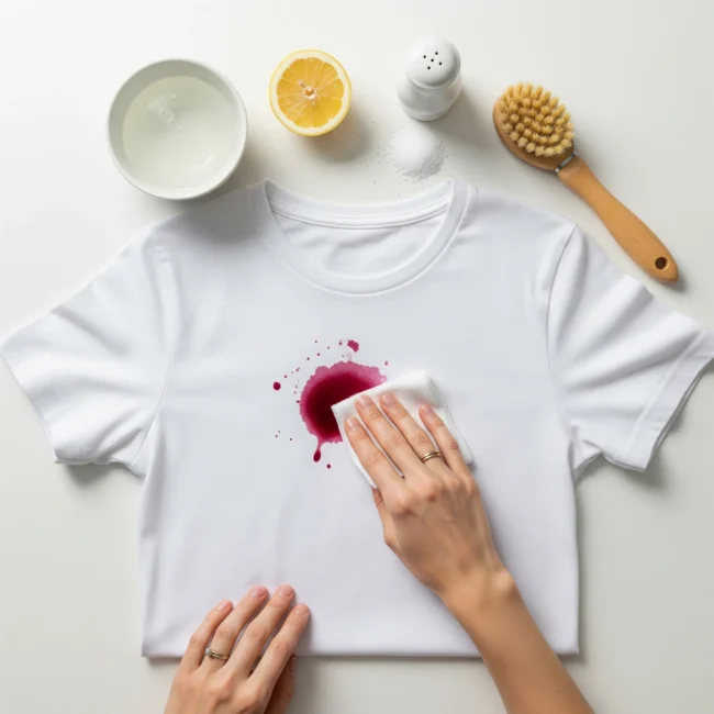 Proceso de desmanchado de una mancha de vino tinto en una camiseta de algodón, usando un paño limpio. Eliminación de manchas en textiles.