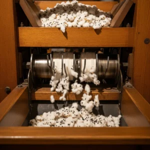 Modelo de una desmotadora de algodón antigua separando las fibras de algodón de sus semillas. Máquina clave en la industria textil.