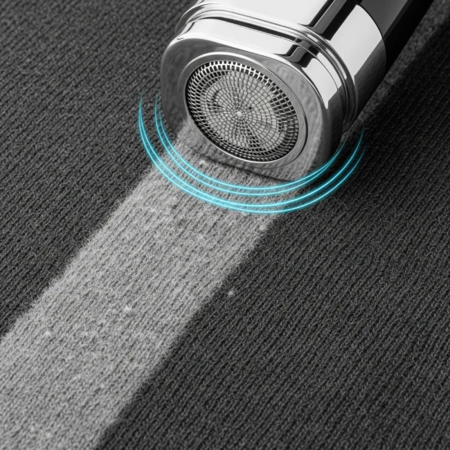 Máquina quitapelusas eléctrica realizando el despeluzado de un jersey de lana gris con pilling. Proceso de eliminación de pelusa y bolitas.