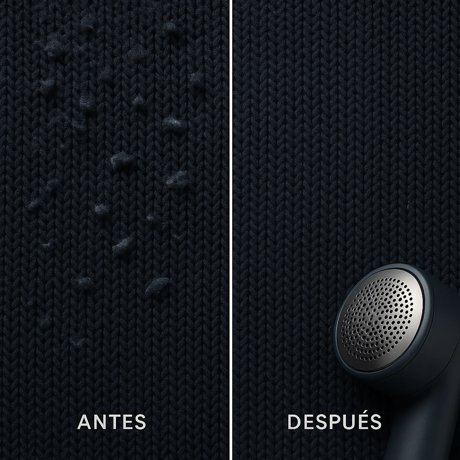 Imagen comparativa mostrando un jersey de algodón con pilling (bolitas) en el lado izquierdo ("Antes") y el mismo tejido liso y restaurado en el lado derecho ("Después").