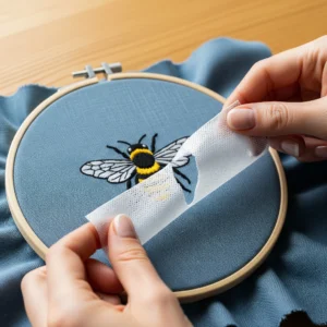 Retirando un estabilizador desgarrable de la parte posterior de un bordado a máquina. Soporte temporal para telas en confección.