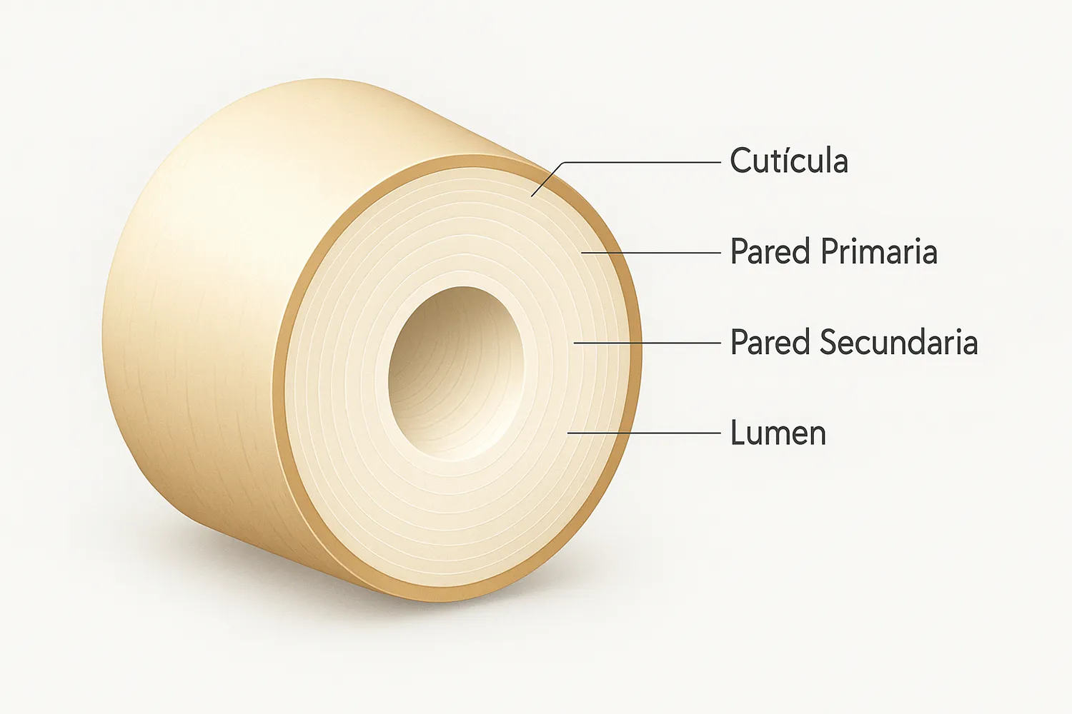 Diagrama científico del corte transversal de una fibra de algodón, mostrando sus capas estructurales como la cutícula, pared secundaria y lumen.
