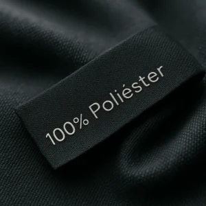 Fotografía macro de una elegante etiqueta de ropa negra con el texto "100% Poliéster" en relieve, cosida sobre una tela de alta calidad.