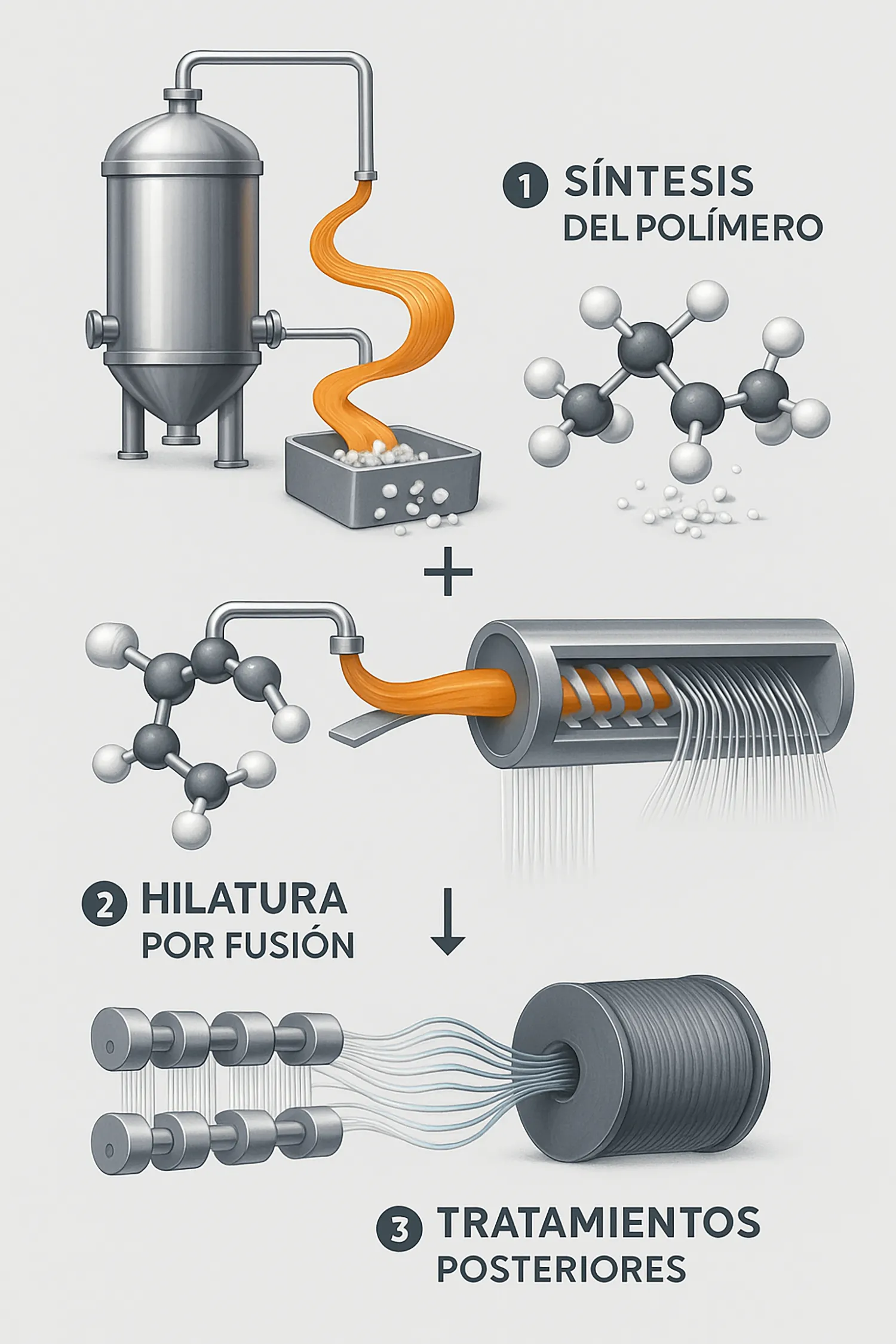 Infografía que detalla los 3 pasos de la fabricación del poliéster: síntesis del polímero, hilatura por fusión y tratamientos posteriores como el estirado.