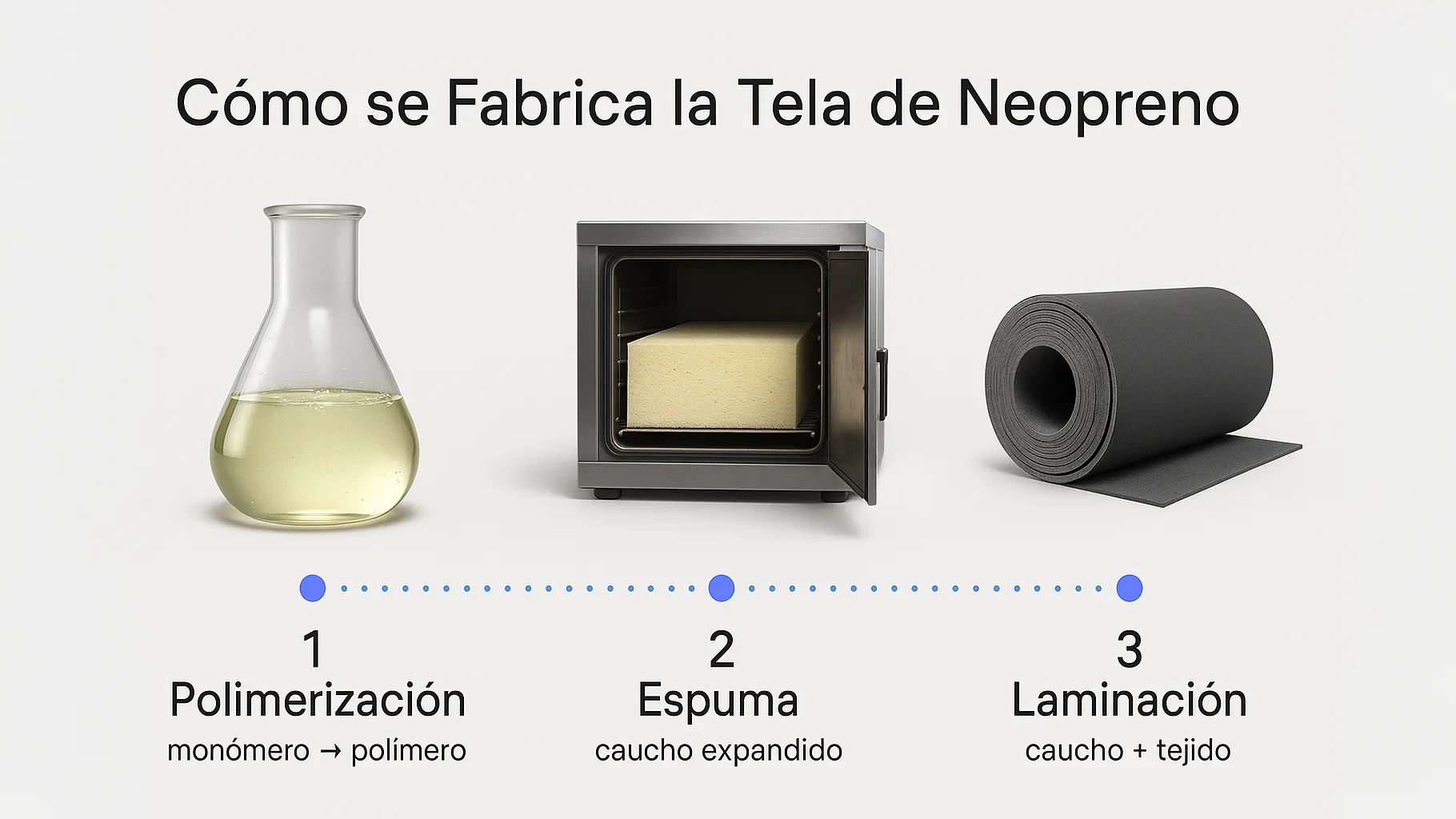 Infografía paso a paso del proceso para fabricar tela de neopreno: polimerización del cloropreno, espuma de caucho y laminación textil.