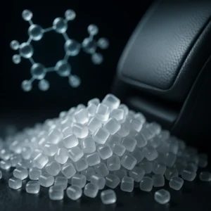 Fotografía macro de pellets de polipropileno translúcido con un modelo molecular y un producto tecnológico de fondo, representando el ecosistema del isopropileno.