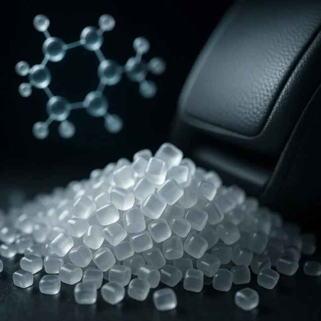 Fotografía macro de pellets de polipropileno translúcido con un modelo molecular y un producto tecnológico de fondo, representando el ecosistema del isopropileno.