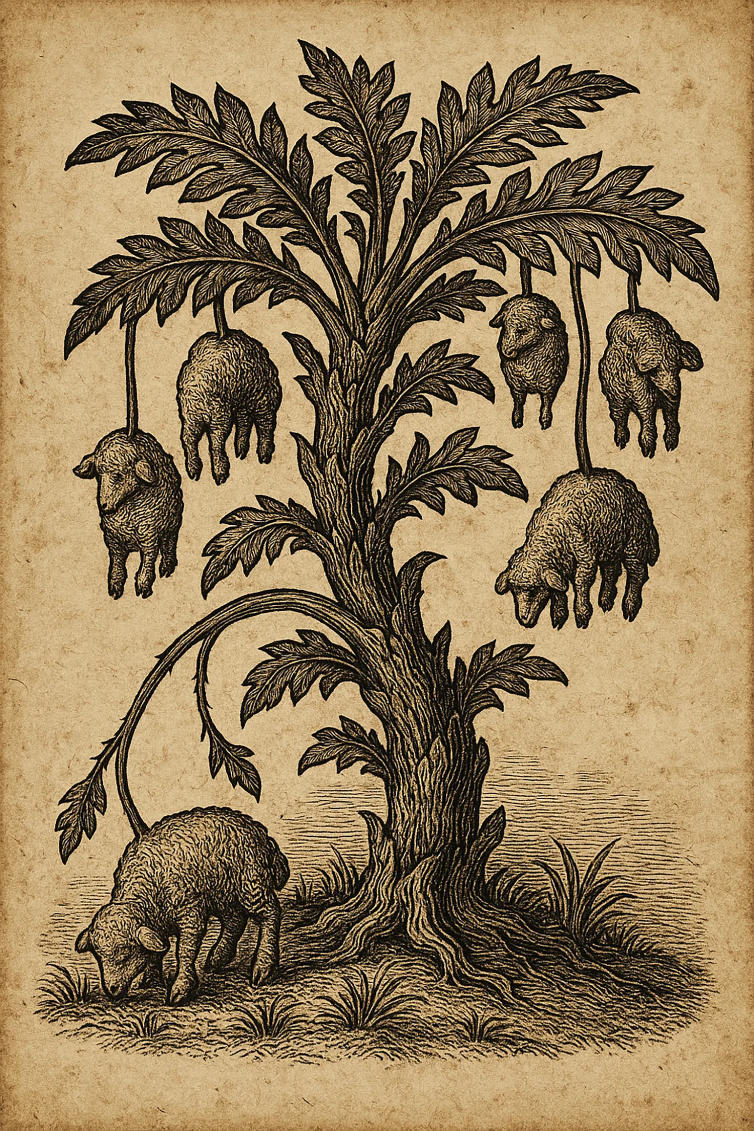 Ilustración estilo grabado medieval del mito del Cordero Vegetal de Tartaria, un árbol del que crecen corderos, representando la antigua percepción europea del algodón.