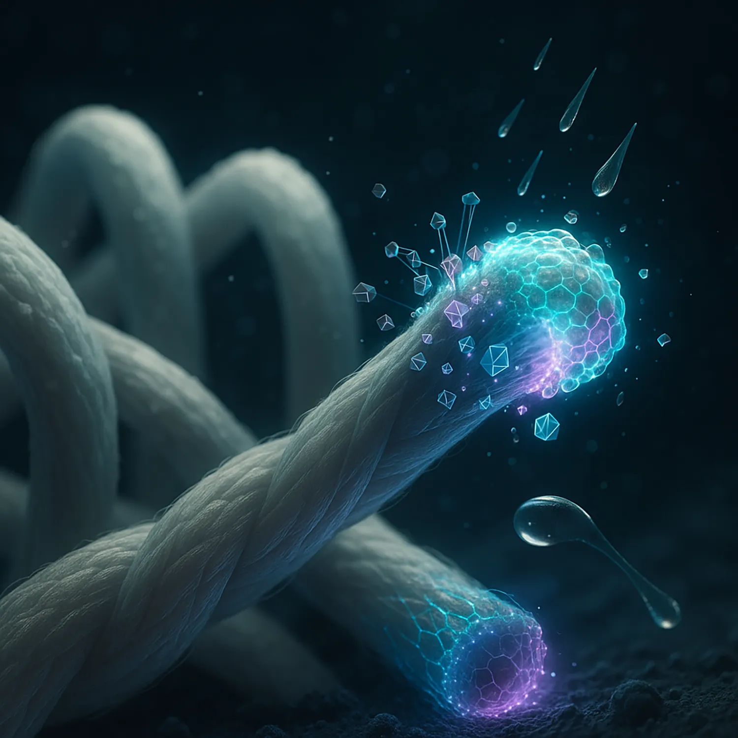 Visualización conceptual de nanopartículas aplicadas a fibras de algodón a nivel microscópico para crear textiles inteligentes con propiedades avanzadas.