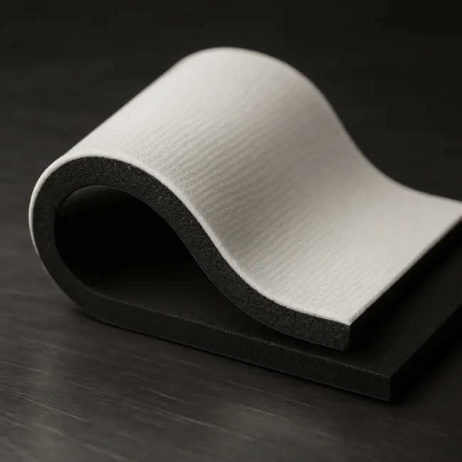 Corte transversal de tela de neopreno de 2.5mm con recubrimiento de poliéster blanco en la cara superior y negro en la inferior. Ideal para sublimación y fajas.