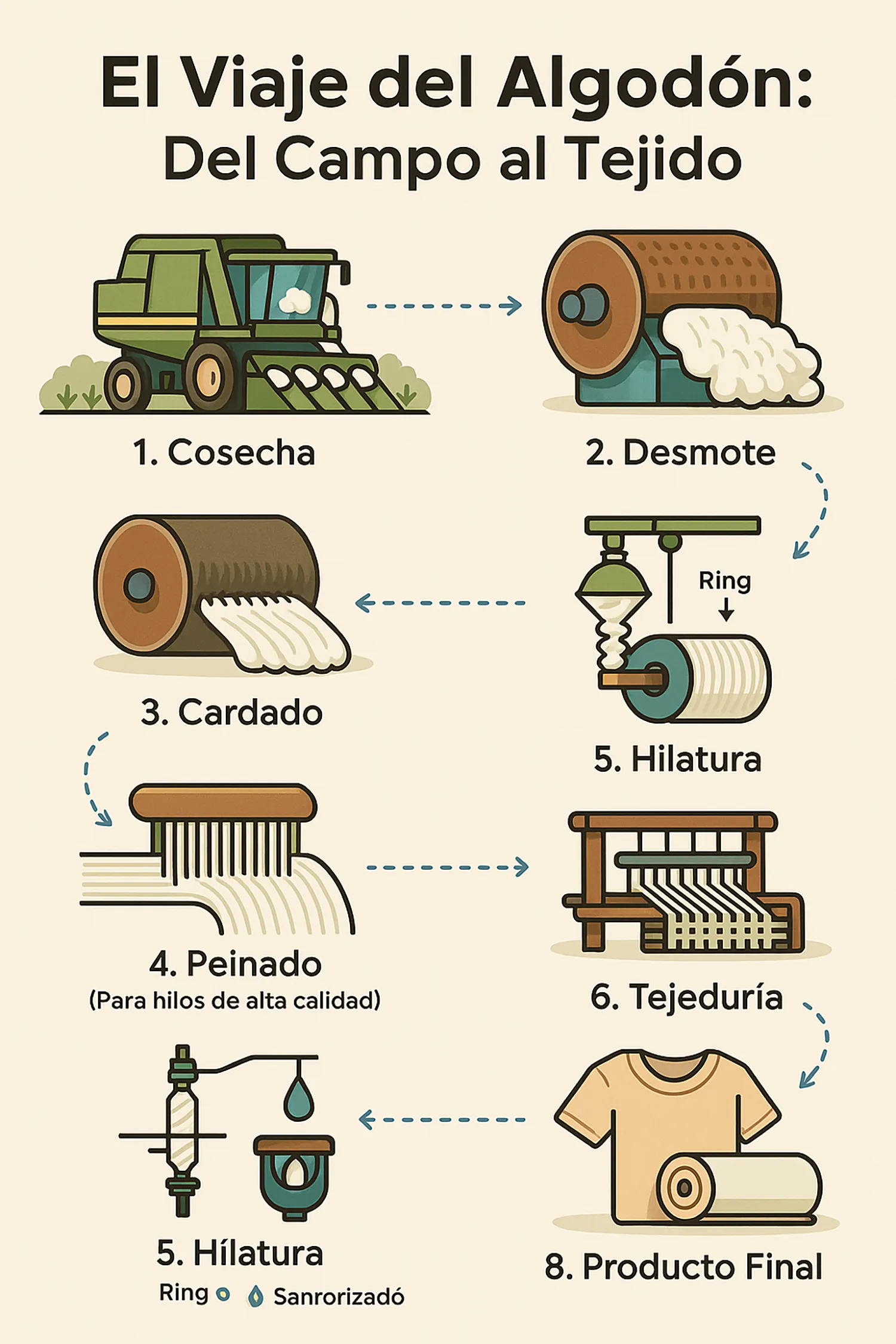 Infografía detallada que muestra el proceso de fabricación del algodón, desde la cosecha en el campo hasta el tejido final, incluyendo desmote, cardado e hilatura.
