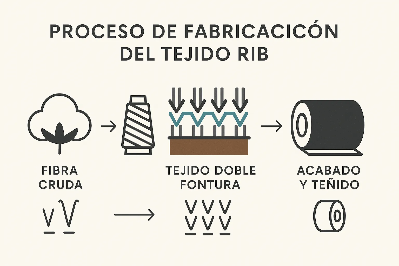 Infografía que muestra el proceso de fabricación de la tela rib en 4 pasos: selección de la fibra, hilatura, tejido en máquina de doble fontura y acabado.