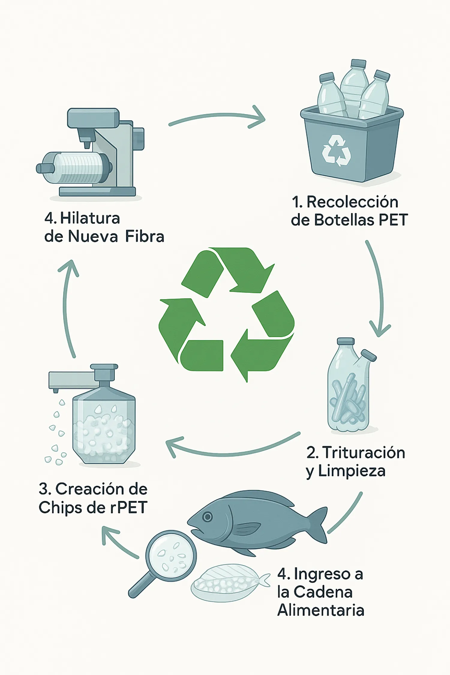 Infografía del ciclo de reciclaje del poliéster rPET, mostrando la transformación de botellas de plástico en nueva fibra textil.