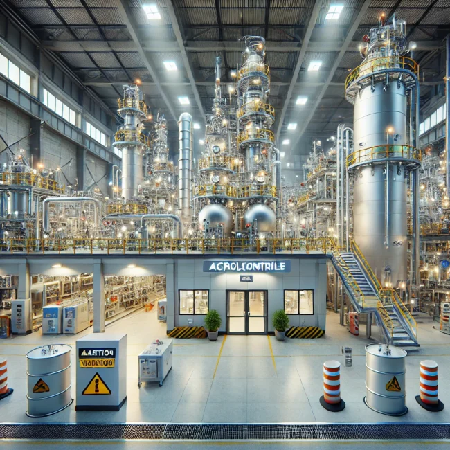 Imagen de una planta química donde se produce acrilonitrilo, mostrando equipos industriales y medidas de seguridad.