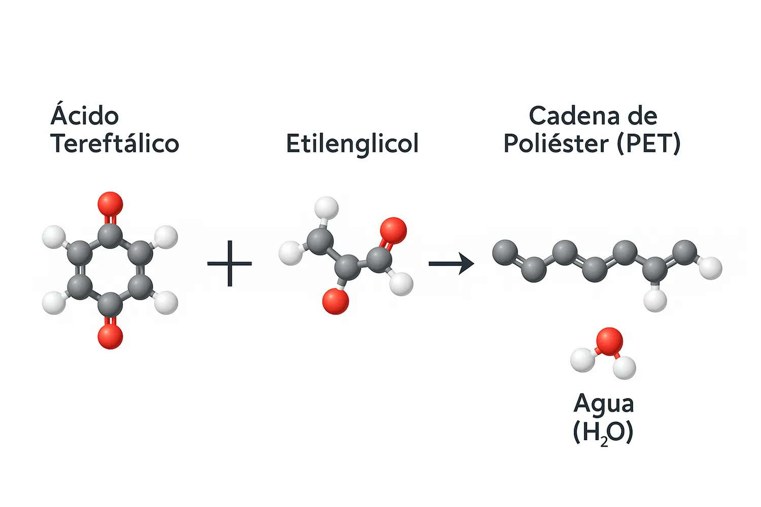 Diagrama de la reacción química para formar poliéster PET, mostrando la unión del ácido tereftálico y el etilenglicol para crear un polímero y agua.