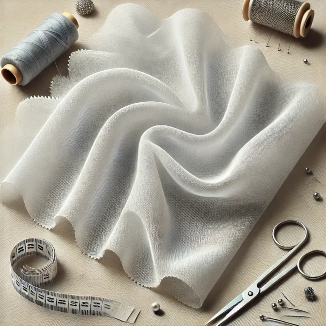 Imagen de tejido aireado mostrando su ligereza y transpirabilidad, con varios tipos de tela y herramientas de costura cercanas.