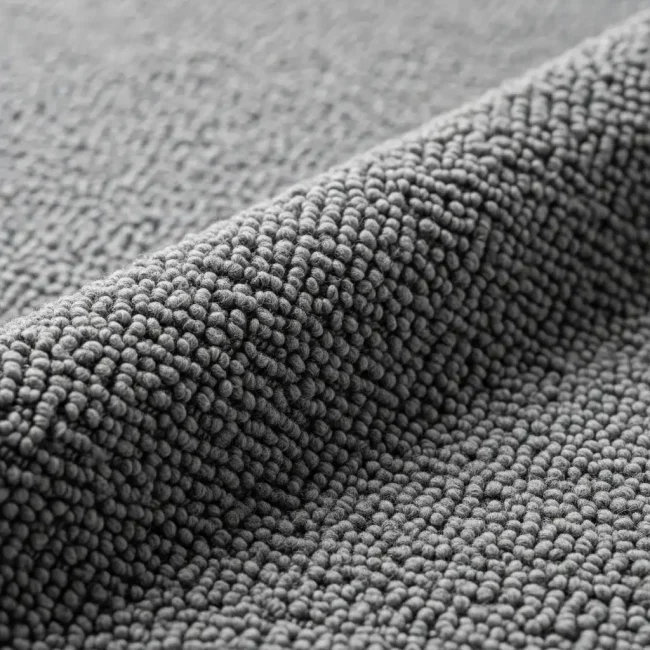 Macro de tejido bouclé color gris medio jaspeado, mostrando su característica textura rizada y los pequeños bucles. Tela elegante para chaquetas y tapicería.
