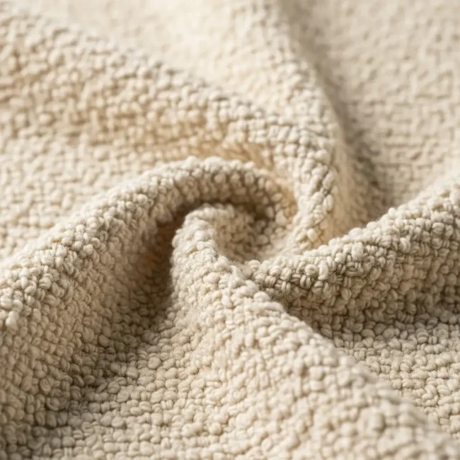 Macro de tejido bouclé de lana color crema, mostrando su característica textura rizada y los pequeños bucles. Tela elegante para abrigos y tapicería.