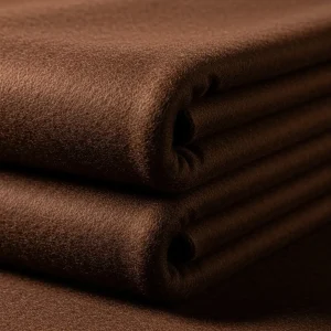 Macro de tejido Carnet de lana gruesa color marrón oscuro, mostrando su textura densa y pesada. Tela robusta para abrigos y mantas de invierno.