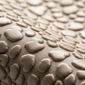 Macro de tejido cloqué color champán, mostrando su característica textura burbujeante y en relieve. Tela de lujo para vestidos y prendas estructuradas.