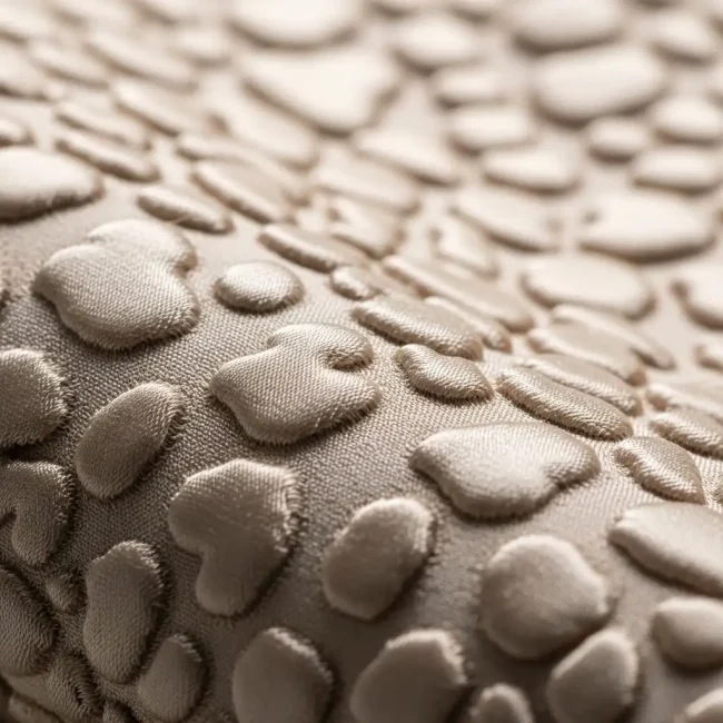 Macro de tejido cloqué color champán, mostrando su característica textura burbujeante y en relieve. Tela de lujo para vestidos y prendas estructuradas.