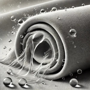 Imagen de una tela tratada con propiedades antimanchas, mostrando cómo los líquidos se acumulan y ruedan por la superficie.