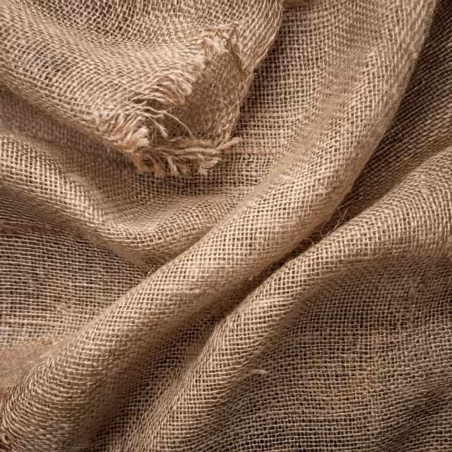 Primer plano de una tela de arpillera mostrando su textura áspera y tejida, típica de su uso en aplicaciones industriales y decorativas.