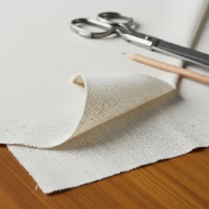 Tela calicó de algodón crudo color hueso, mostrando su textura natural y motas. Usada para toiles de prueba y manualidades.